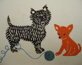 Puppy Playtime, original linocut, applique greeting card