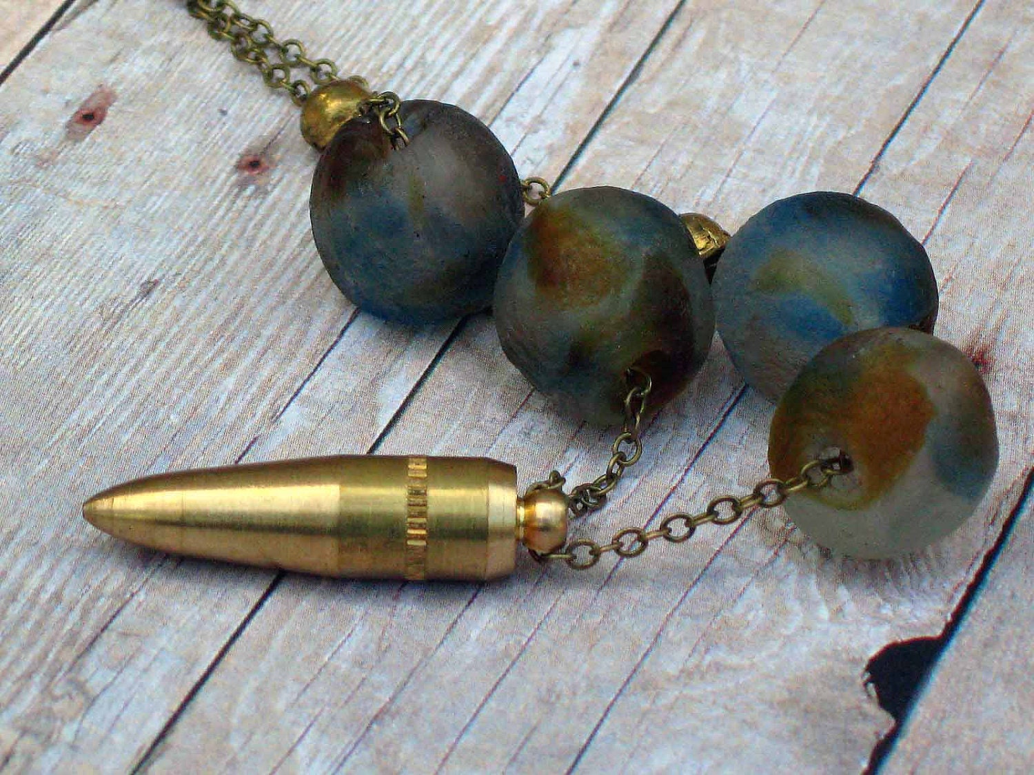 Gold Brass Bullet Pendant - Recycled Glass Beads - Rustic Blue, Tribal Brown Necklace - African Brass Trade Beads - Gift Box