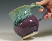 Coffee mug ceramic, tea cup pottery, glazed in purple and green, handmade stoneware by hughes pottery hand made