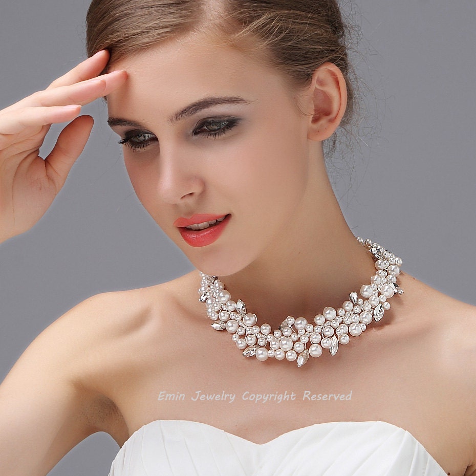 Wedding Necklace, White Pearls Bridal Necklace Jewelry,  Vintage Rhinestone Chunky Wedding Necklace, Multistrands, Statement Jewellery