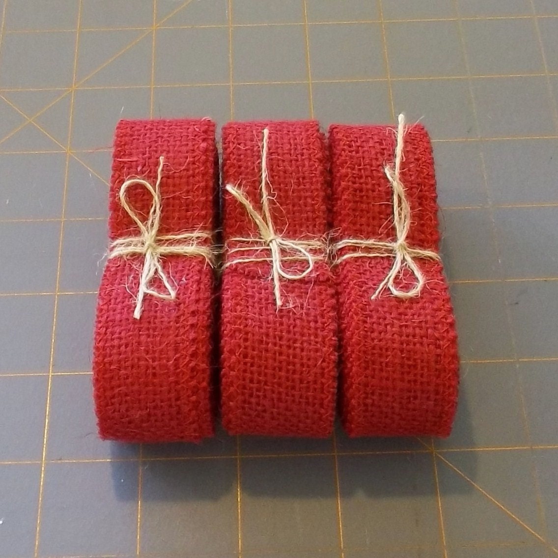 Edge Stitched Red Skinny Burlap Ribbon  - 1" x 3  yards