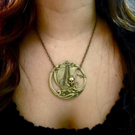 Black Pearl Necklace - Skull Crossbones Pirate Made in USA brass stampings