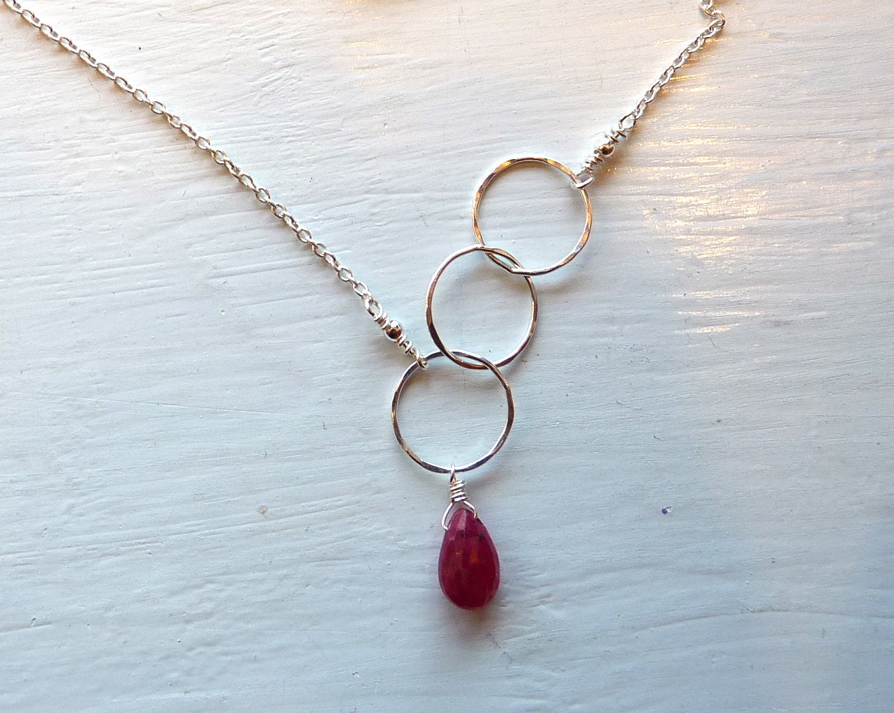 Ruby Necklace with Sterling Silver Circles Asymmetrical Design