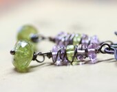 Peridot Earrings Green Gemstone Earrings Amethyst Dark Sterling Silver Rustic Wire Wrapped Earrings Fall Fashion Jewelry August Birthstone