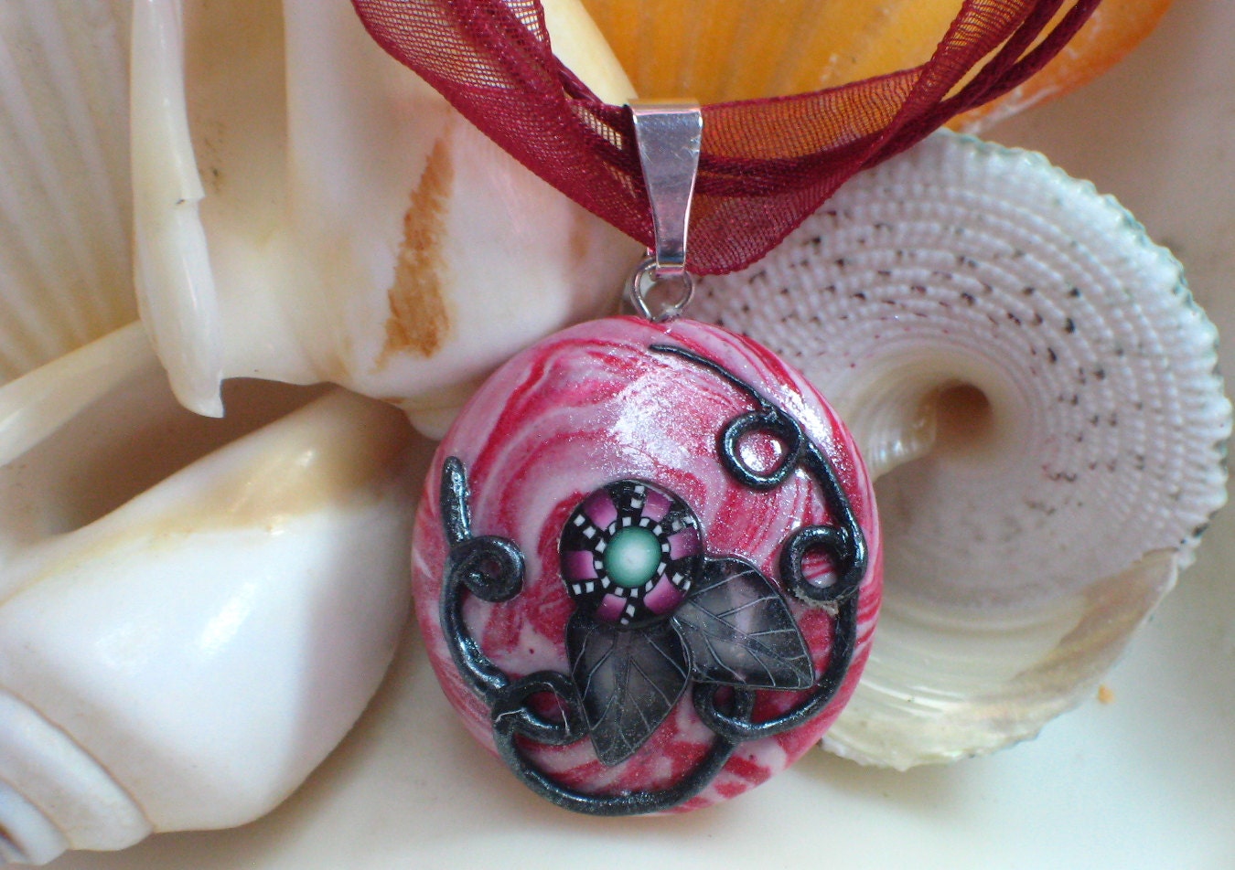 Swirls and Squiggles Red, White and Black Oval Necklace Polymer