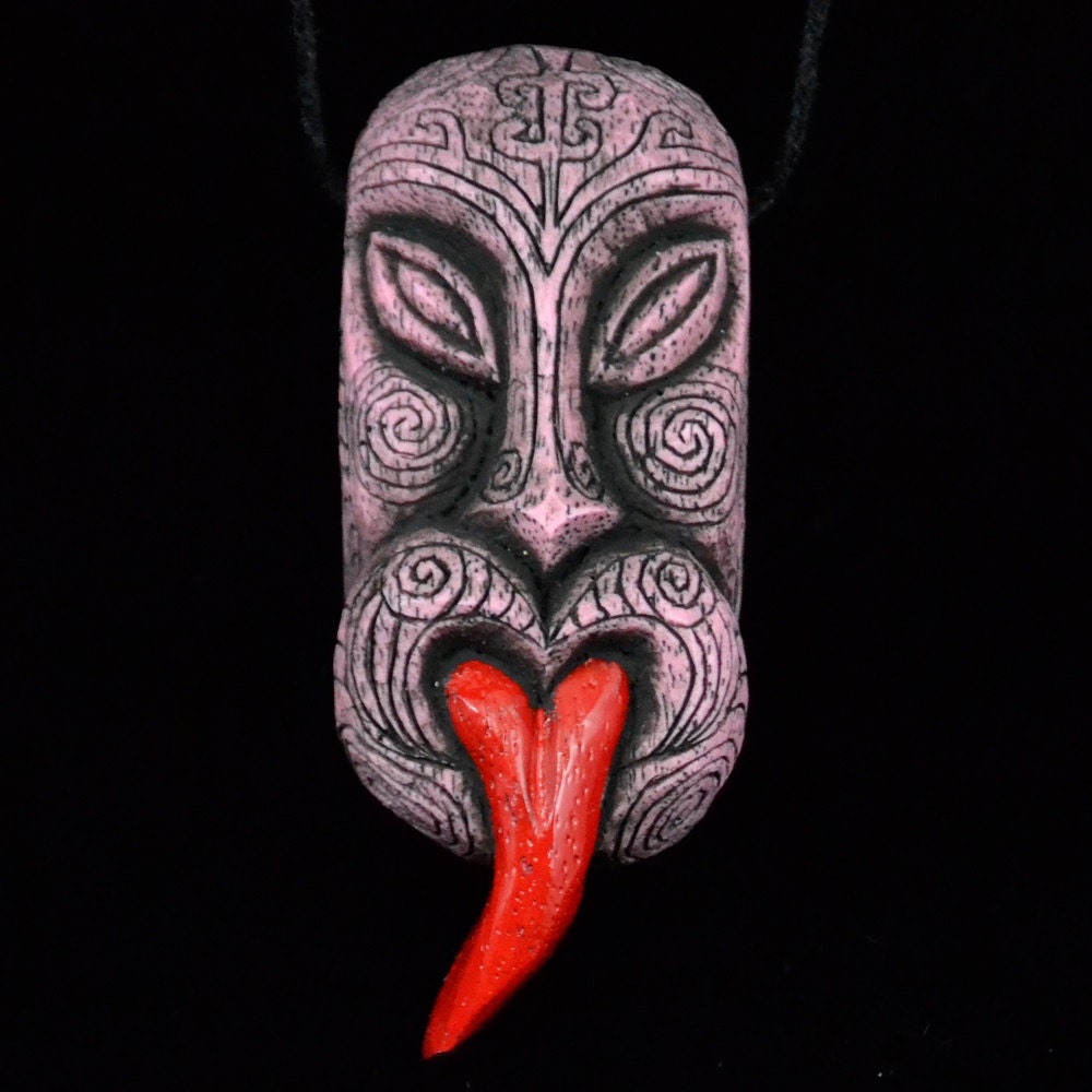 Maori Tiki Pendant Necklace by Mieko New Zealand Polynesia Tattoo - Black on Pink & Red Tongue