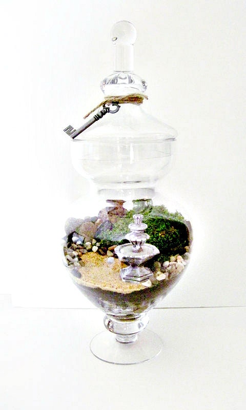 SALE Giant Sized Terrarium Table Centerpiece - Apothecary Jar Secret Garden Scene & Miniature Water Fountain: Extra Large Plant Terrarium