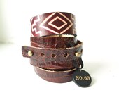 FREE SHIPPING Set two wine crocodile and burgundy geometric leather wrap cuffs