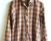 80s Tan Orange PREPPY Plaid PETER PAN Blouse Small