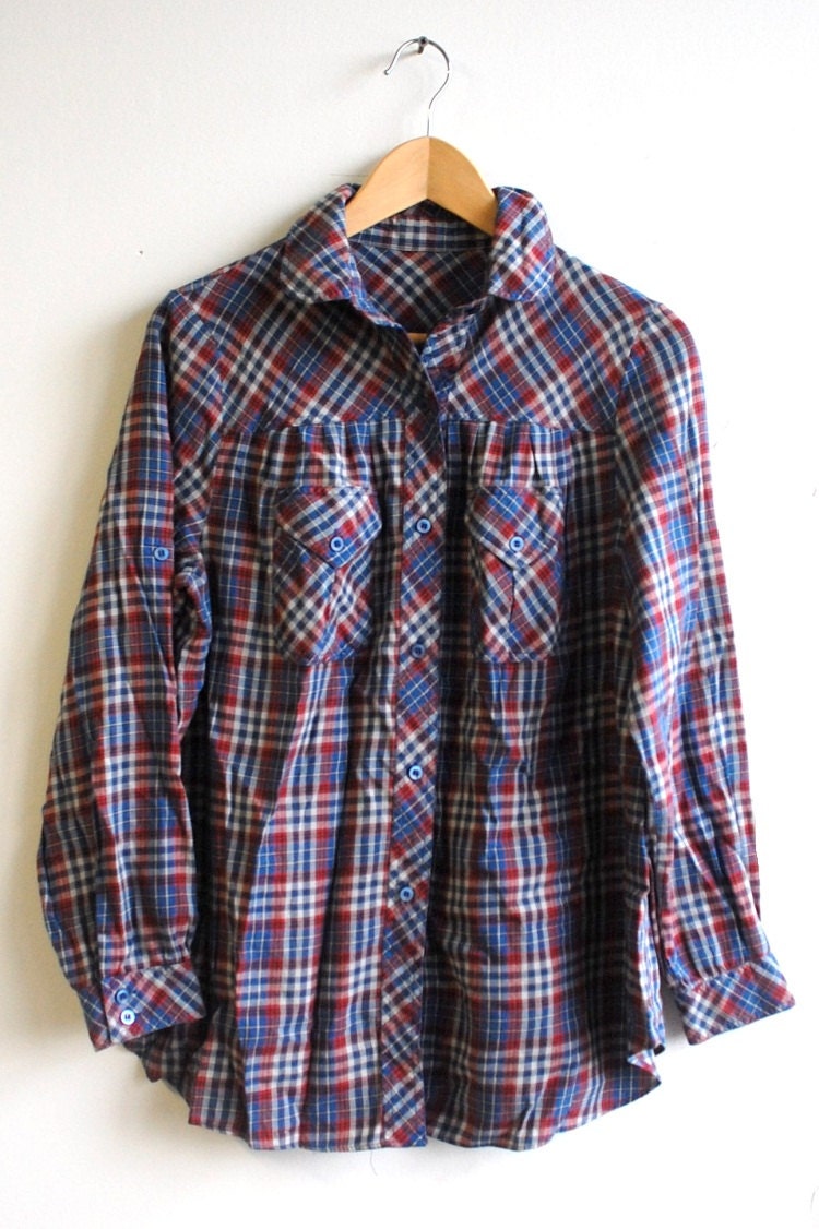 80s PLAID Peter Pan Collar FLANNEL Blouse Top Medium