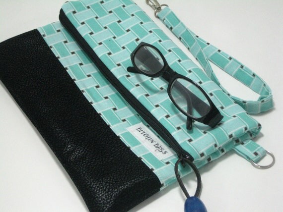 Fold Over Clutch - Vegan Black Leather - Linen Aqua Clutch - Clutch - Black and Aqua Clutch with wrist strap