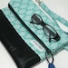 Fold Over Clutch - Vegan Black Leather - Linen Aqua Clutch - Clutch - Black and Aqua Clutch with wrist strap