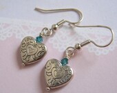 Silver Heart Swarovski Teal Blue Crystal Dangle Earrings
