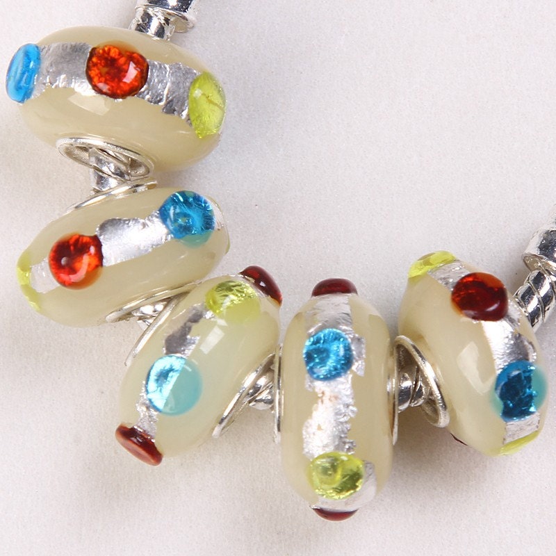 Red Blue Green silver foil off white glass bead fits European bracelets earrings necklaces glass silver core large hole lampwork bead charm