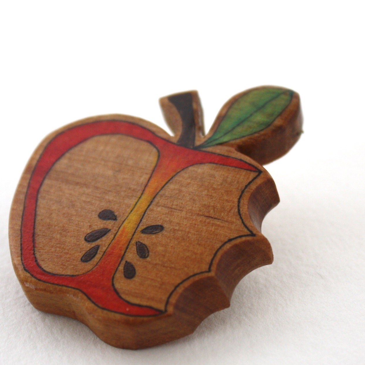 Illustrated Eaten Apple Brooch - Repurposed Wood Timber Eco