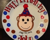Personalized Happy Birthday Plate . Hand Painted . Mod Cute Sock Monkey for Boy or Girl. Great for First Birthday Party