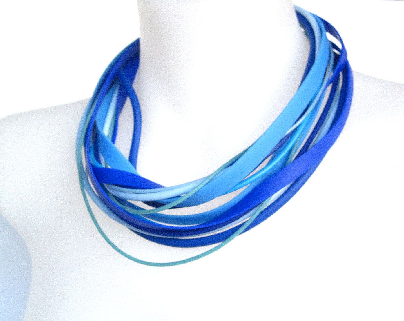 sapphire royal blue multi strand necklace, rubber jewellery, boho chic necklace tribal look, funky necklace, designer statement