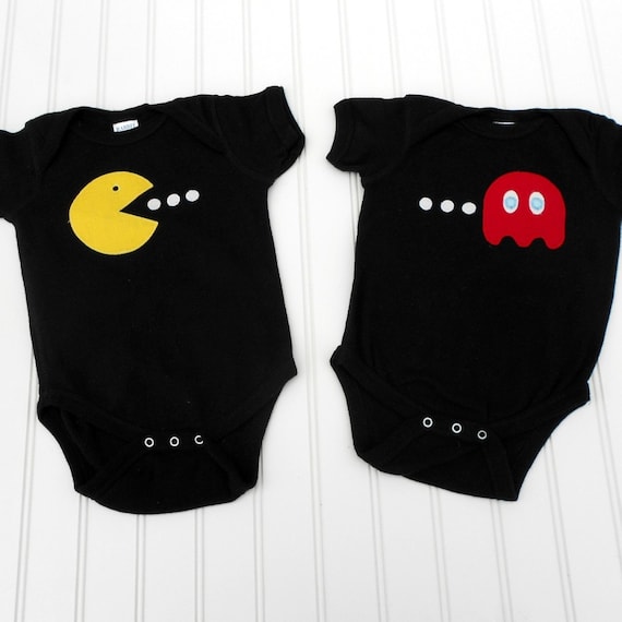 Great Baby Shower Gift READY TO SHIP Onesie - PacMan and ghost inspired set great for twins, BBFs or siblings