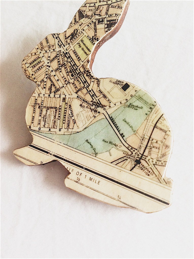 Recycled London Map  Bunny Brooch