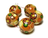Handmade Beads Polymer Clay Set of 5 Beads Peach Crazed Gold Leaf Canework Bead Supplies Sweetchild Jewelry