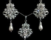 Victorian Weddings Necklace and Earrings, Damask Fleur De Lis Crystal Pearl Bridal Jewelry, ROYALS SET