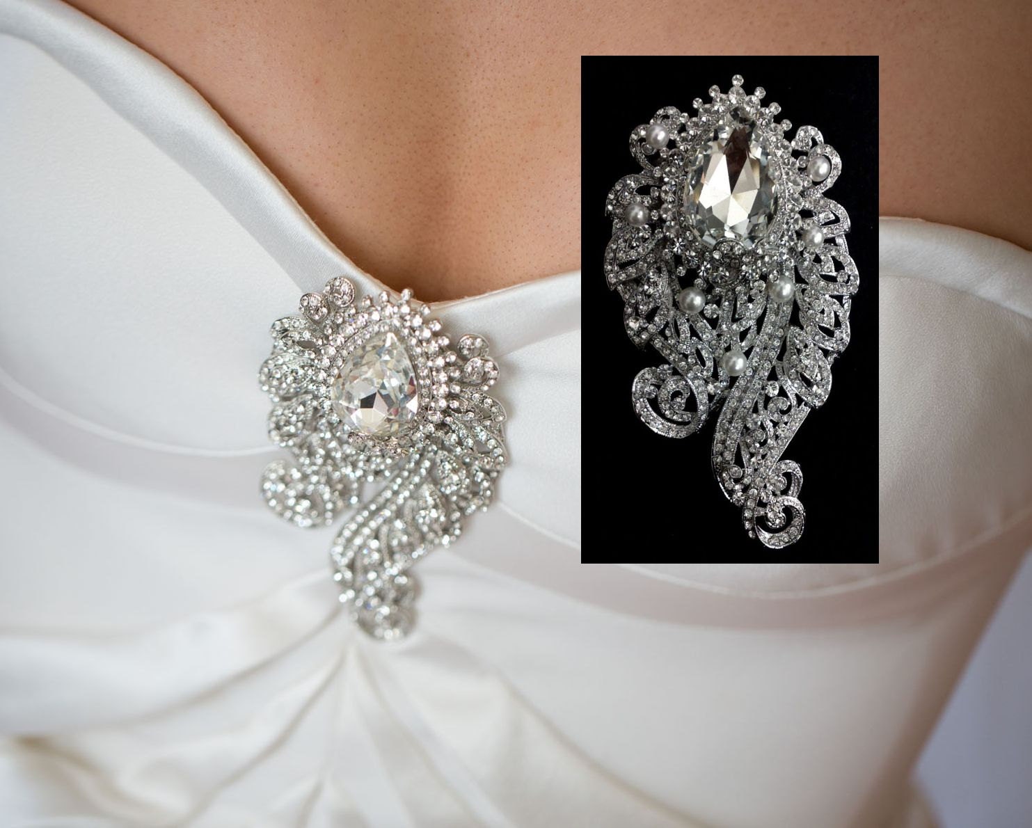 Art Nouveau Bridal Brooch, Bustier Broach, Crystal Pearl Wedding Dress Jewelry, INGGRID