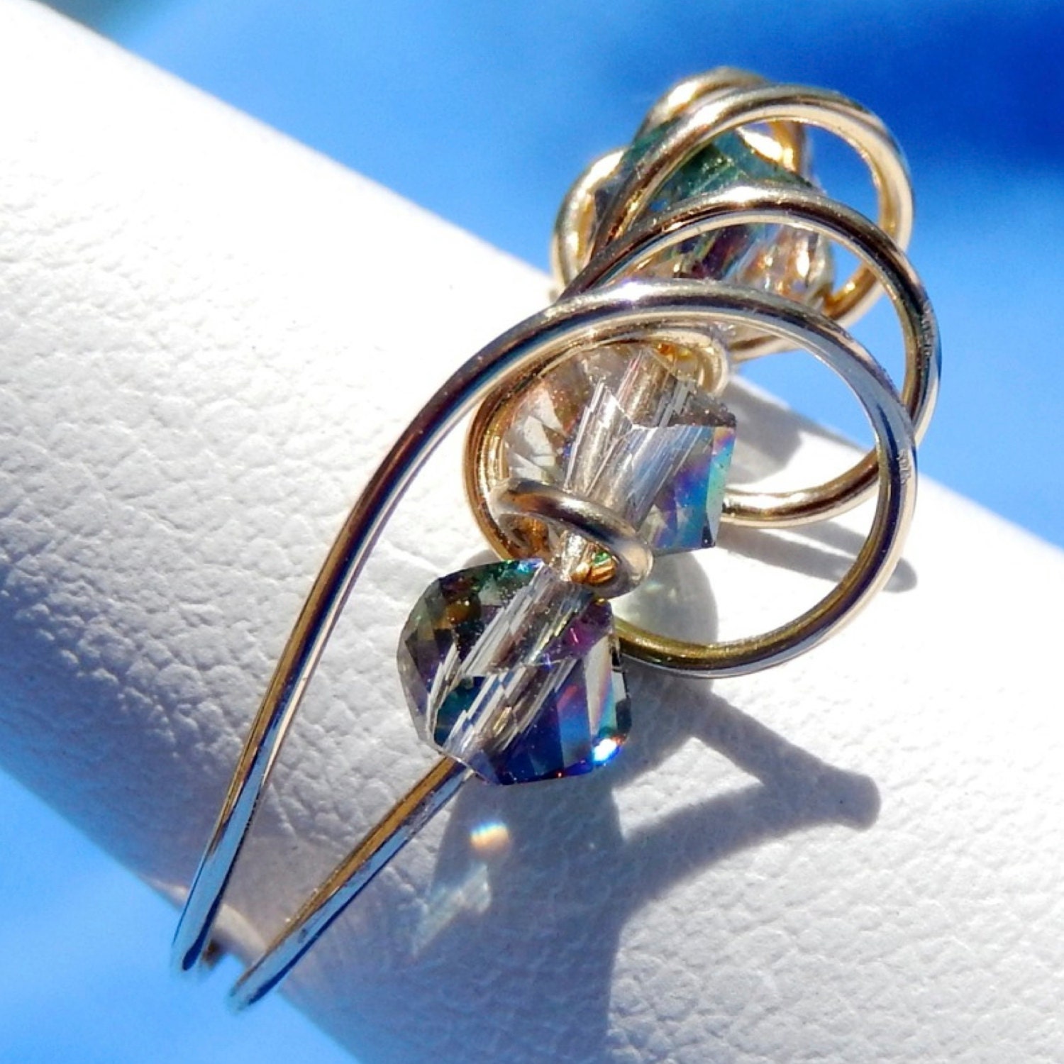 DELIAH. green and rose crystal glass and fine solid brass ring. SIZE 6