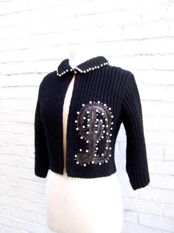 1950s Ethel of Beverly Hills Black Knit Monogram D Bolero Sweater