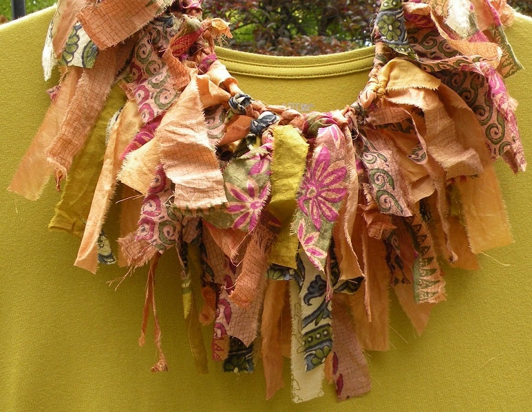 Crochet scarf necklace: fiber art silk multicolor women's scarflette in autumn gold green red tan silk sari half moon i877