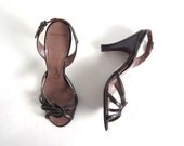 Vintage 1950s Heels / Strappy Heels / 50s High Heels / Metallic Olive Green / Size 5.5