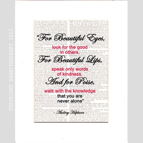 Audrey Hepburn QUOTE NEVER ALONE typography art print on upcycled vintage Dictionary Book Page Dictionary Print 8x10