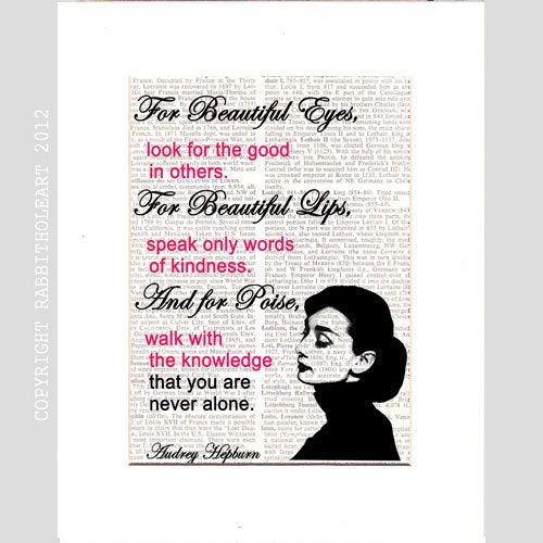 Audrey Hepburn QUOTE NEVER ALONE typography on Dictionary Book Page Art Print Dictionary Page Art Print Dictionary Print black red pink 8x10