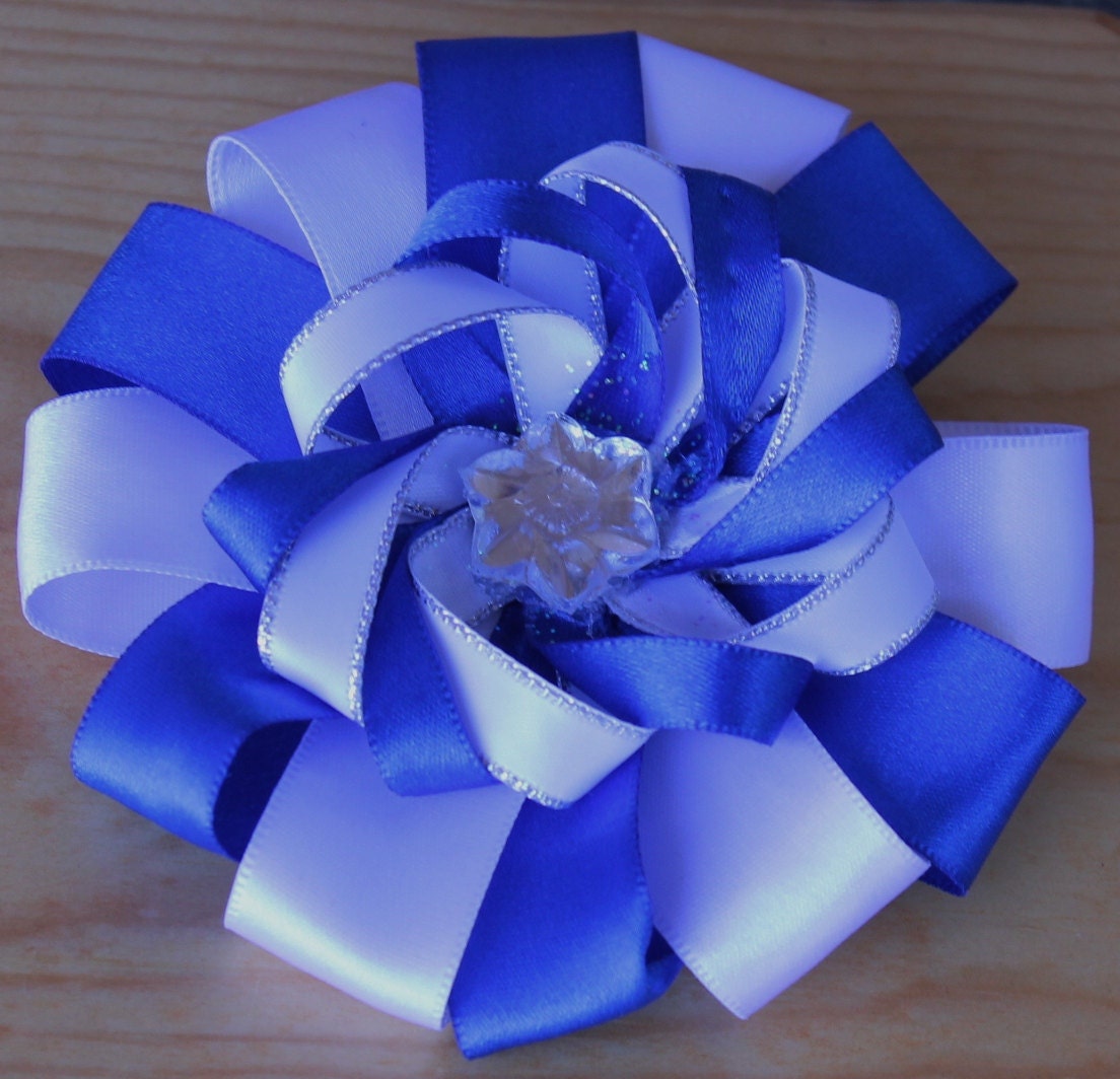 Unique sparkly handmade Blue and White hair bow clip with sparkly acrylic flower