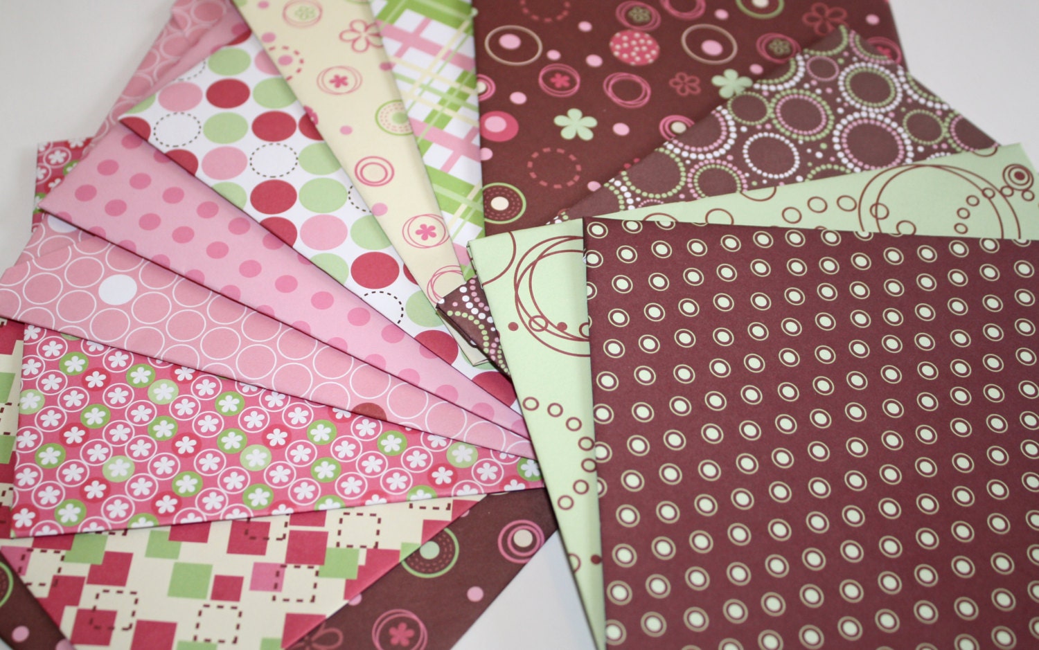 Destash Handmade Envelopes, Set of 12, Pink Green Brown and White, Scrapbooking Paper