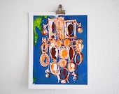 one of a kind handmade art print "Cameos" screenprint in neon orange & silver blue on recycled paper (8x10)