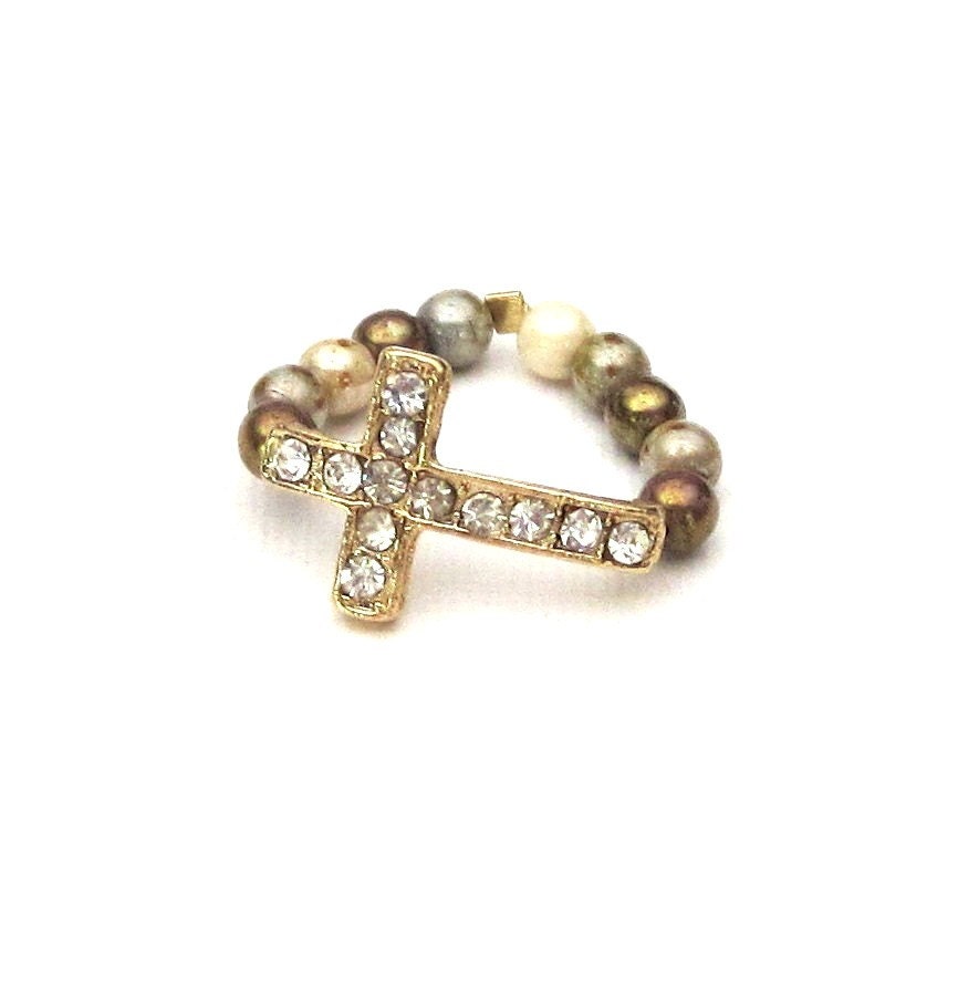 Rhinestone Sideways Cross Stretch Ring gold, bronze, cream, beige