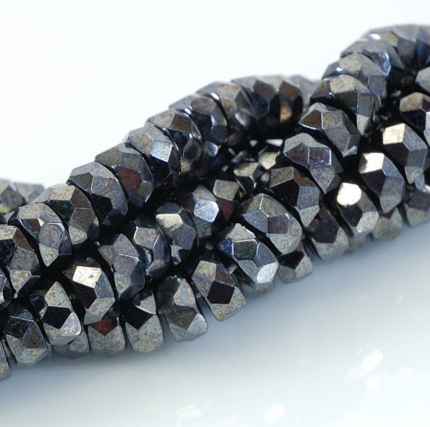Czech Fire Polish Glass Bead Hematite Silver Black Faceted Rondelle 6x3mm   - 20  (ST207-20)