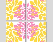 Large Scale Floral Kaleidoscope Quad - Set of Four 11x14 Floral Prints - Choose Your Colors - Shown in Black, White, Gray, Yellow, Pink - Tessyla