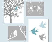 Modern Nursery Prints - Bird Quad - Set of Four Prints - 5x7 and 8x10 Mix - Gray, Yellow, Pink, Blue, and More