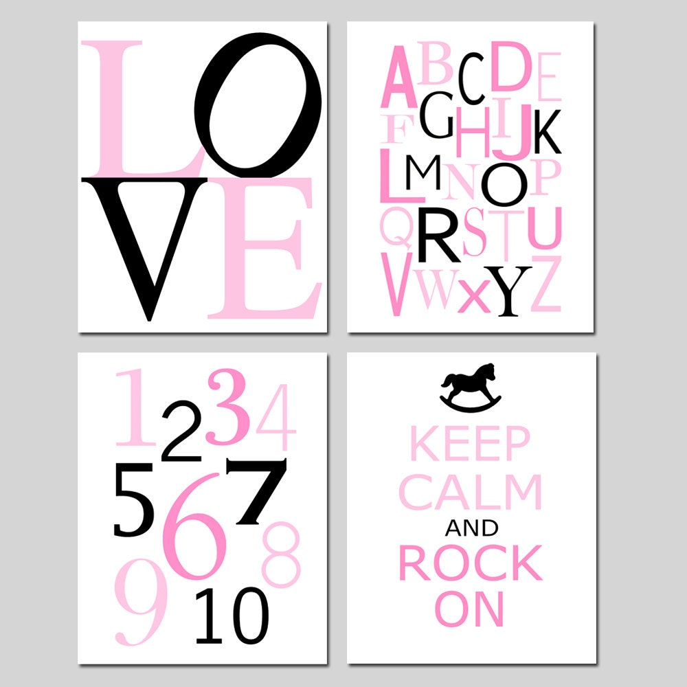 Modern Nursery Quad - Set of Four 8x10 Prints - Modern Alphabet, Numbers, Keep Calm and Rock On, LOVE Typography - Choose Your Colors