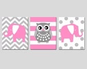 Modern Nursery Animal Trio - Set of Three 8x10 Prints - Chevron Elephant, Striped Owl, Polka Dot Elephant - Choose Your Colors