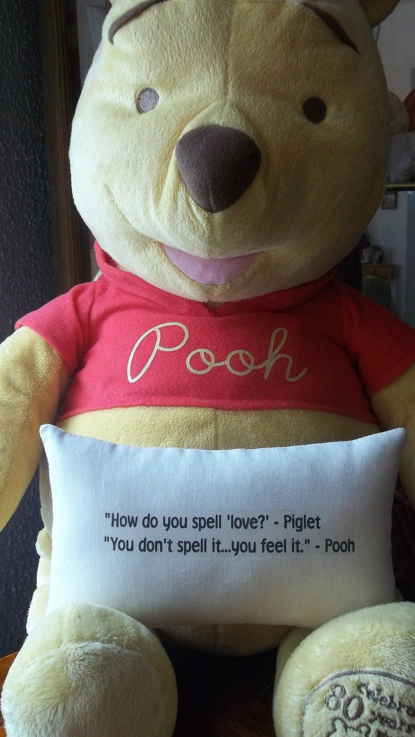 Winnie the Pooh-'How Do You Spell Love''-Miniature Quotation Mini Pillow-Blue Striped Ticking