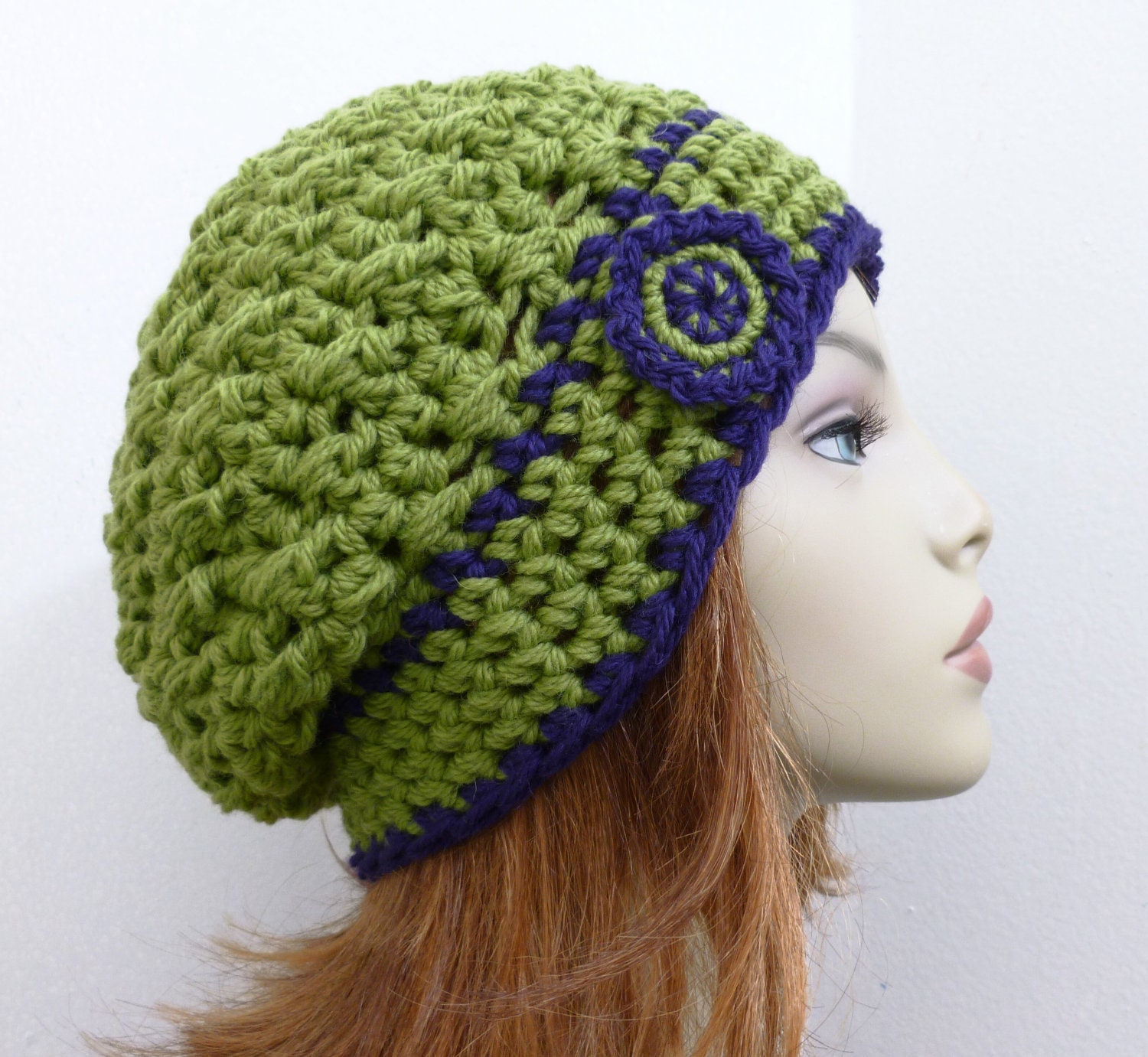 Chunky WOOL Slouch Hat in Leaf Green and Royal Purple - Hand Crocheted