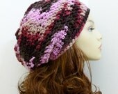 Wool Blend Slouch Beanie in Multicolors Pinks & Browns - Hand Crocheted