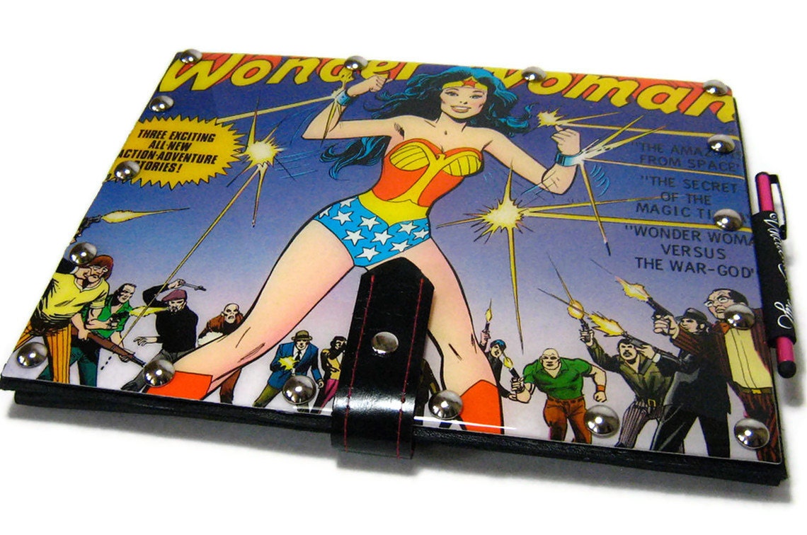 Unique iPad case, leather bookstyle, featuring actual 1970s Superhero Storybook Record