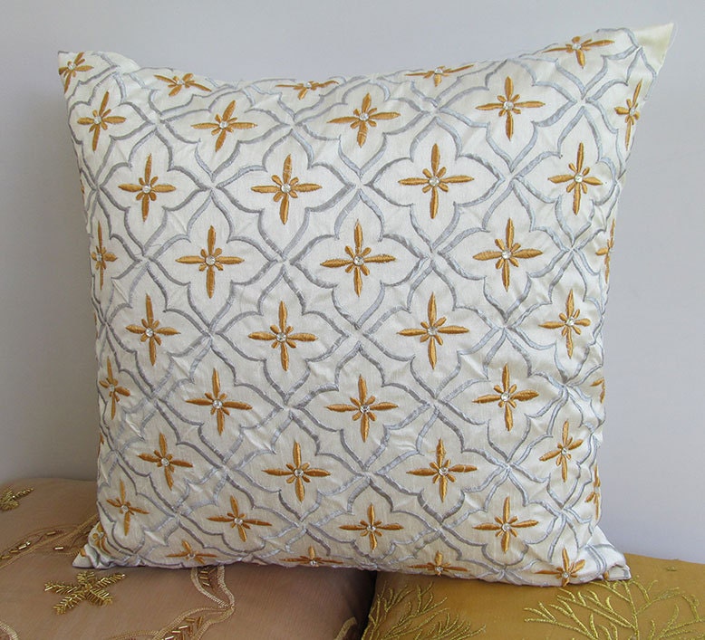 off white decorative pillow cover with gold and silver diamond embroidery and stone work 18 inch