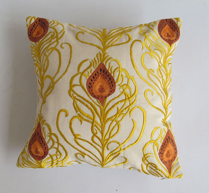 cream decorative peacock pillow cover with brown and golden yellow peacock feather  14 inch