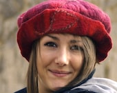 Red Felt French beret style hat  ooak hat merino wool fiber art hat winter warm hat handmade France Unique felt Hat Valentine Hearts