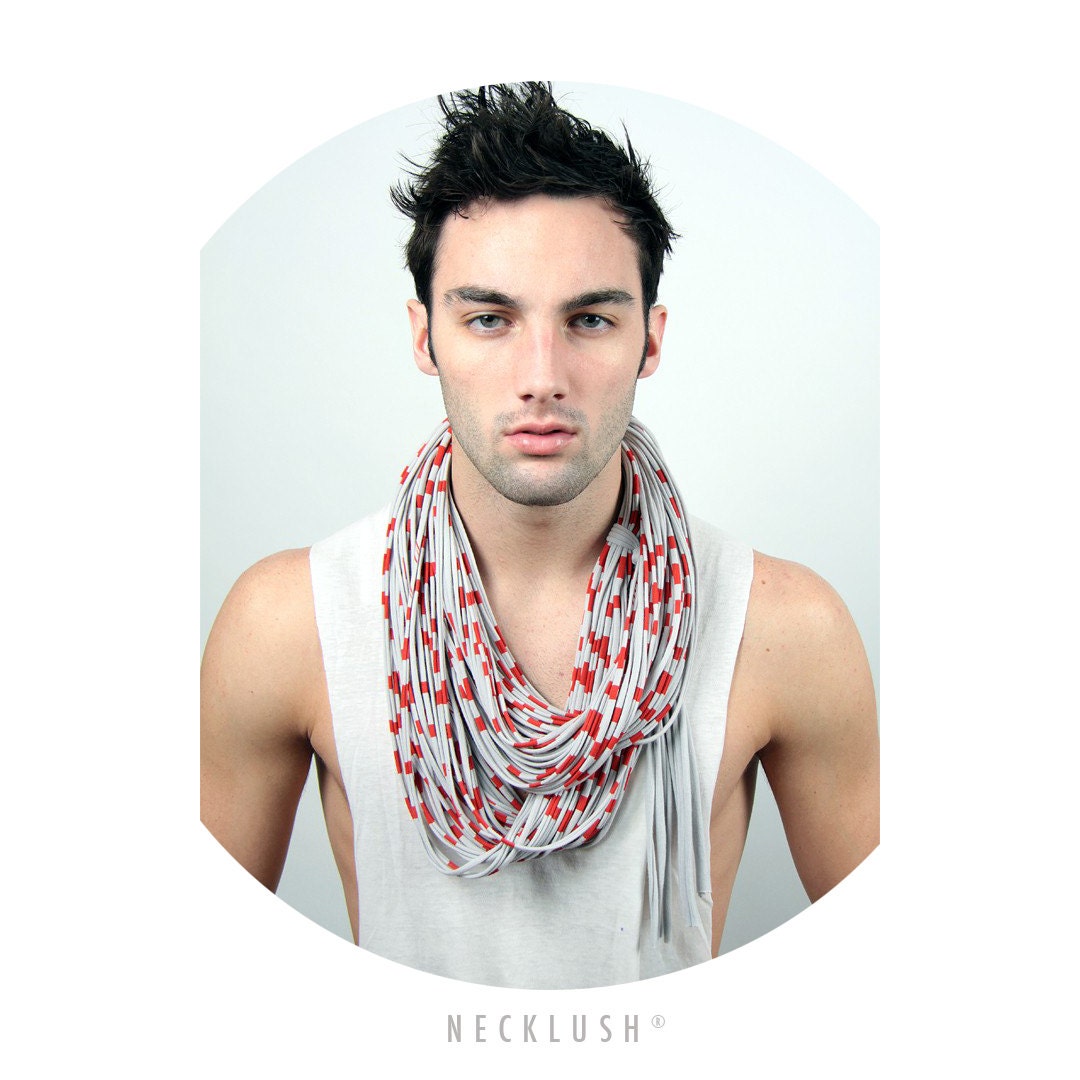 Grey and Red Infinity Scarf - Circle Scarf - Striped Jersey Scarf - Large Summer - Womens Mens Necklace Fabric Jewelry - Burning Man 