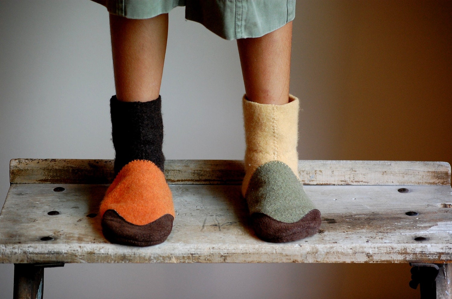 Autumn Wool Slippers with Leather Soles, Eco Friendly, kids sizes 9.5, 11.5, Mixed Vegetables